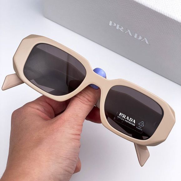 Prada PR17WS VYJ6X1 Sunglasses Powder Beige Brown Rectangle Unisex - Picture 2 of 12